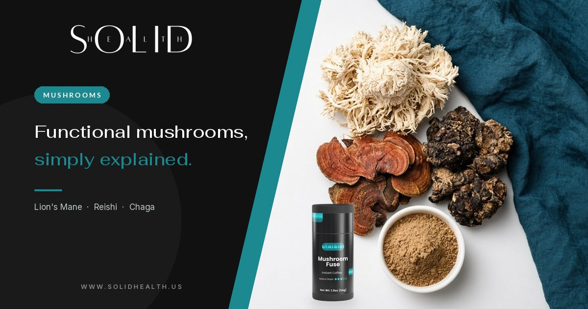 Lion's mane, reishi and chaga mushrooms with mushroom powder beside a Solid Health Mushroom Fuse instant coffee tube