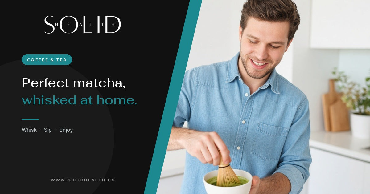 Man smiling as he whisks matcha in a bowl with a bamboo whisk