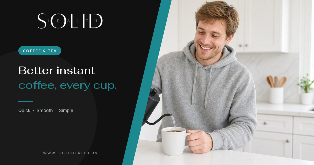 Man pouring hot water from a gooseneck kettle into a mug of instant coffee