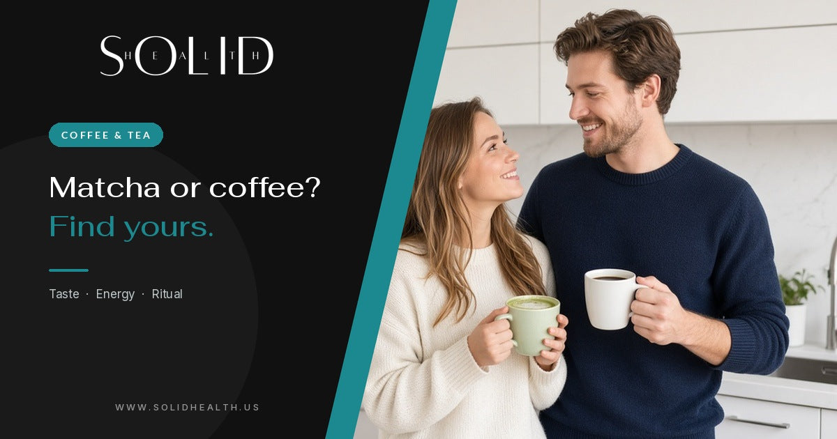 Couple smiling in a kitchen, one holding a matcha latte and the other a cup of coffee
