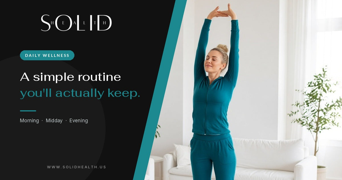 Woman stretching her arms overhead in a bright living room: a simple daily wellness routine
