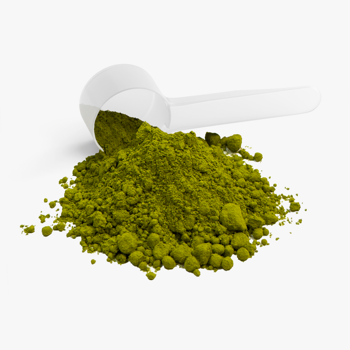 Close-up of ceremonial matcha powder with a white measuring scoop
