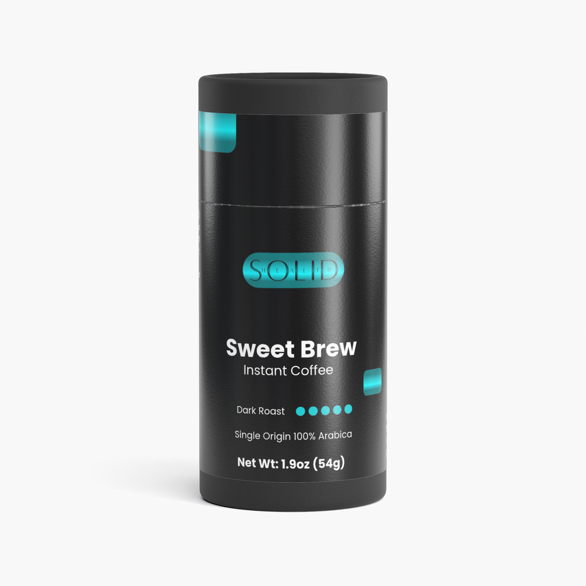 Front of the Solid Health Sweet Brew Instant Coffee tube, net weight 1.9 oz (54 g)