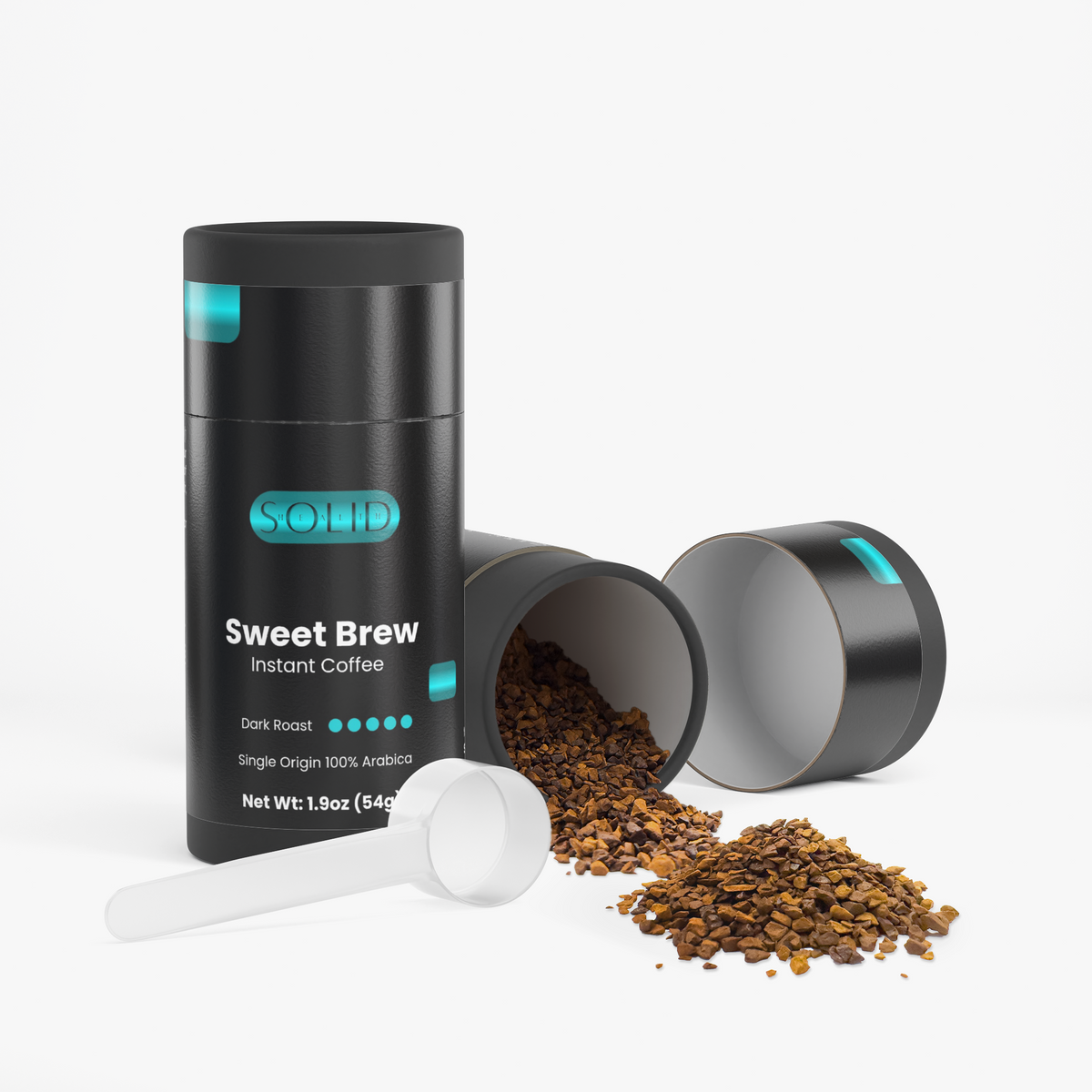 Solid Health Sweet Brew Instant Coffee tube next to an open tube and scoop with freeze-dried instant coffee granules
