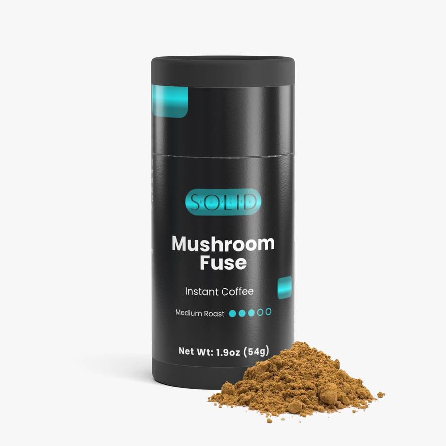 Solid Health Mushroom Fuse instant mushroom coffee tube with instant mushroom coffee powder in front