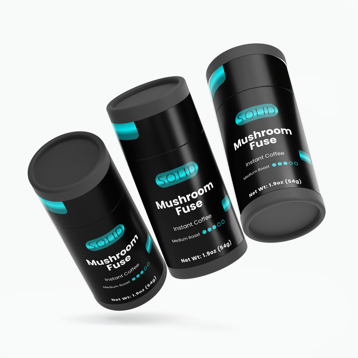 Three Mushroom Fuse instant mushroom coffee tubes from different angles