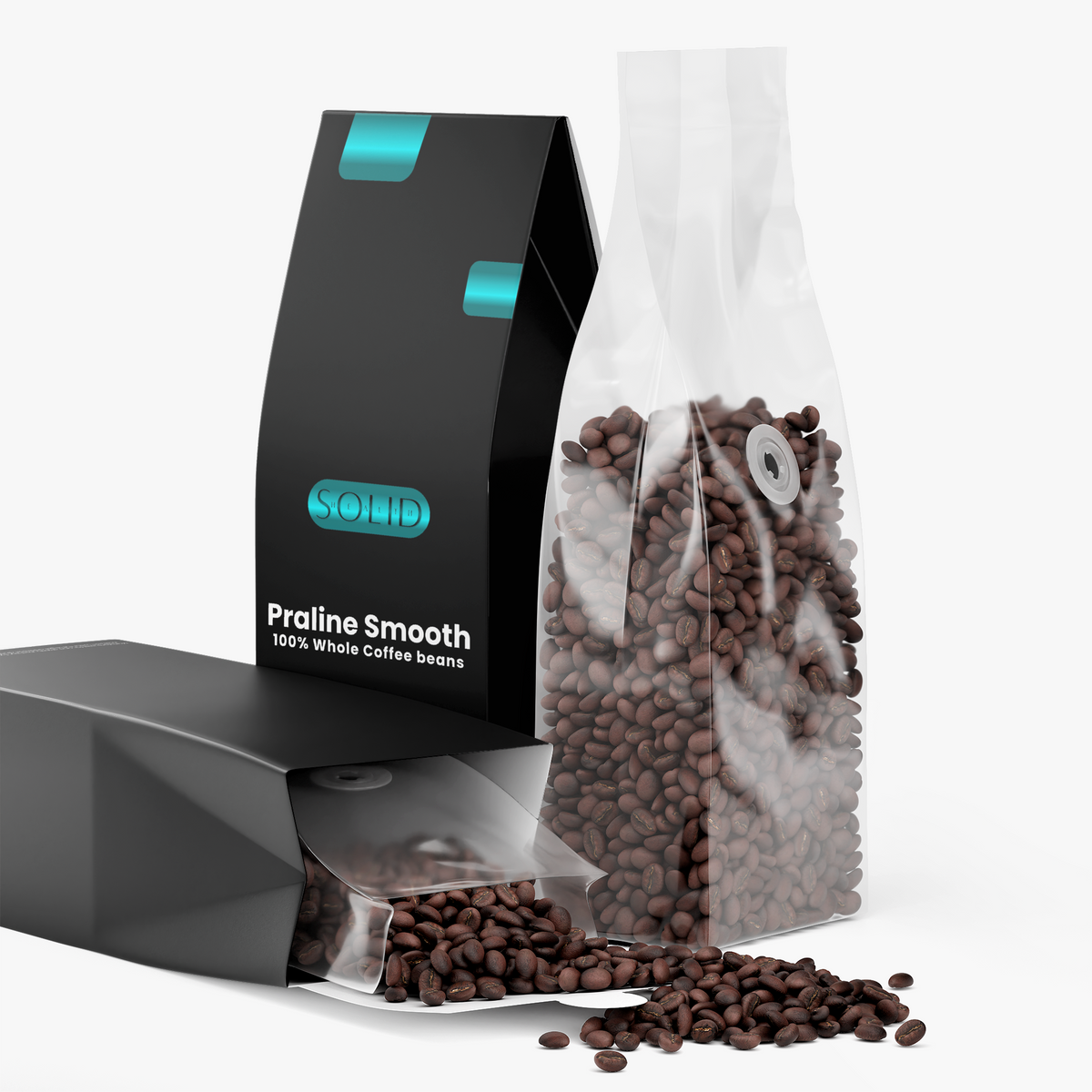 Solid Health Praline Smooth bag standing next to a second bag spilling whole beans