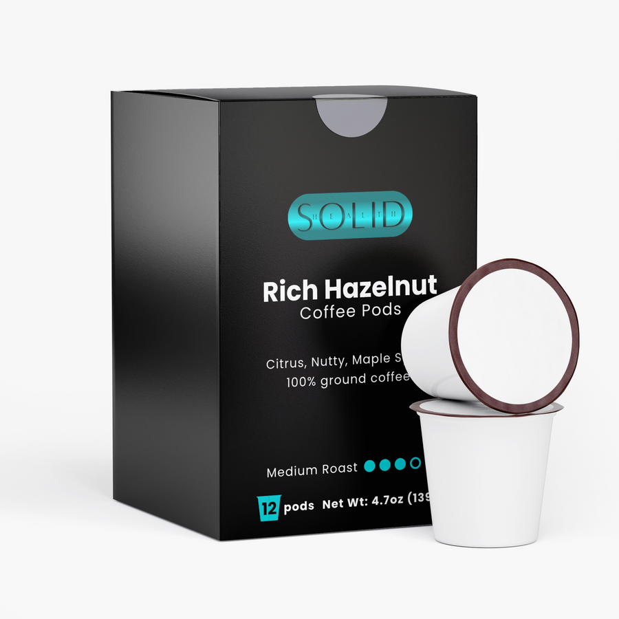 Solid Health Rich Hazelnut Coffee Pods box with a single-serve coffee pod in front