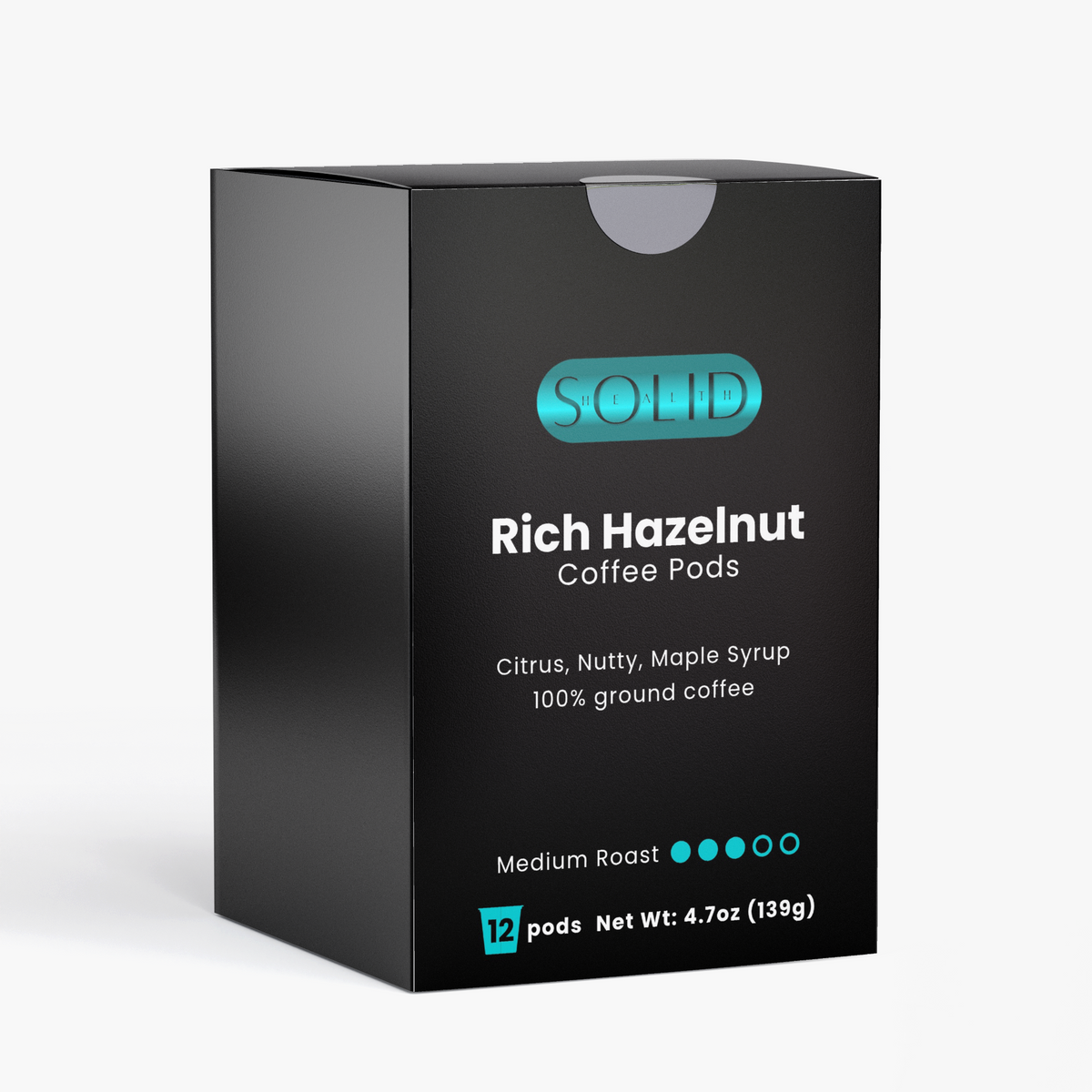 Front of the Solid Health Rich Hazelnut Coffee Pods box of 12 single-serve pods