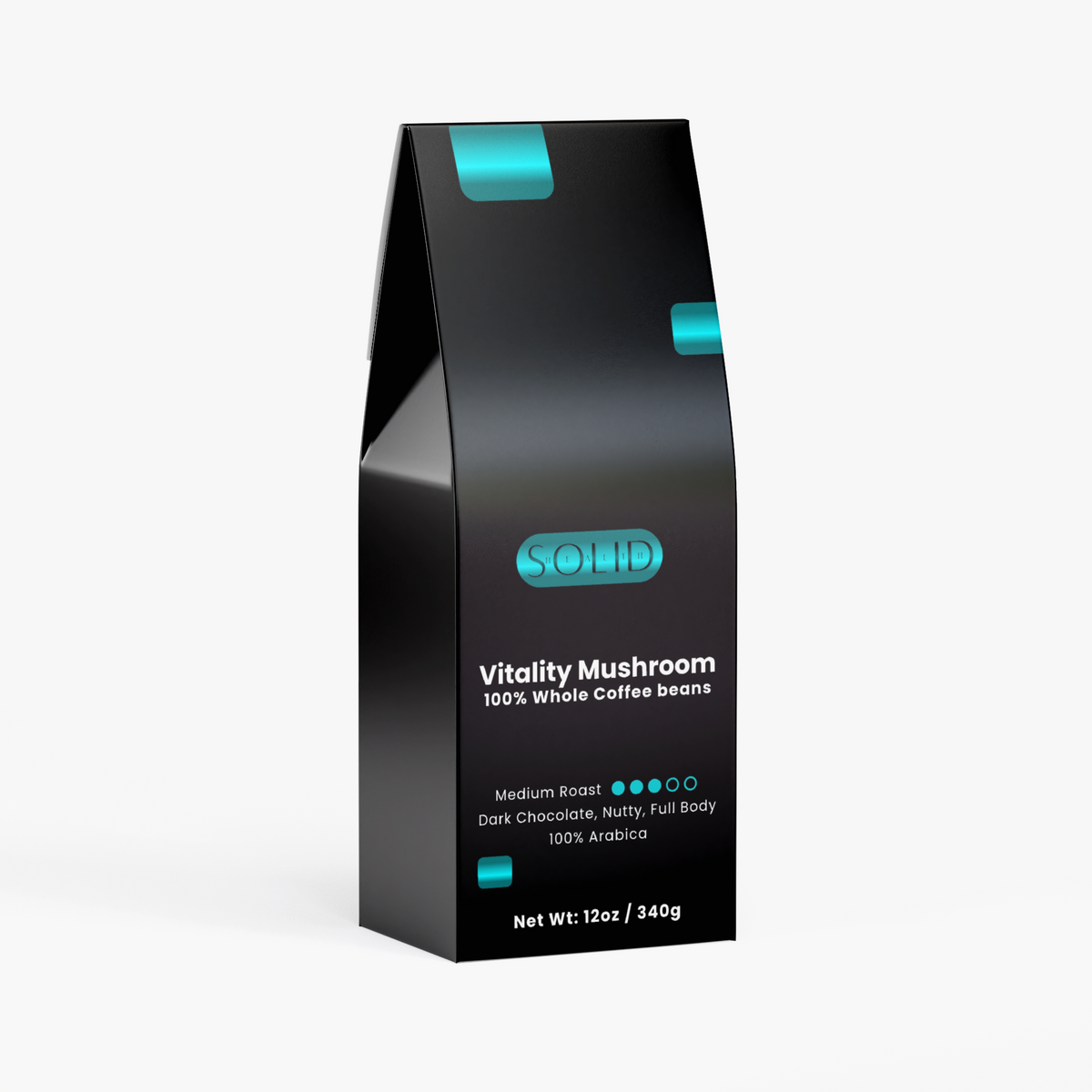 Vitality ground mushroom coffee, medium roast, front of bag