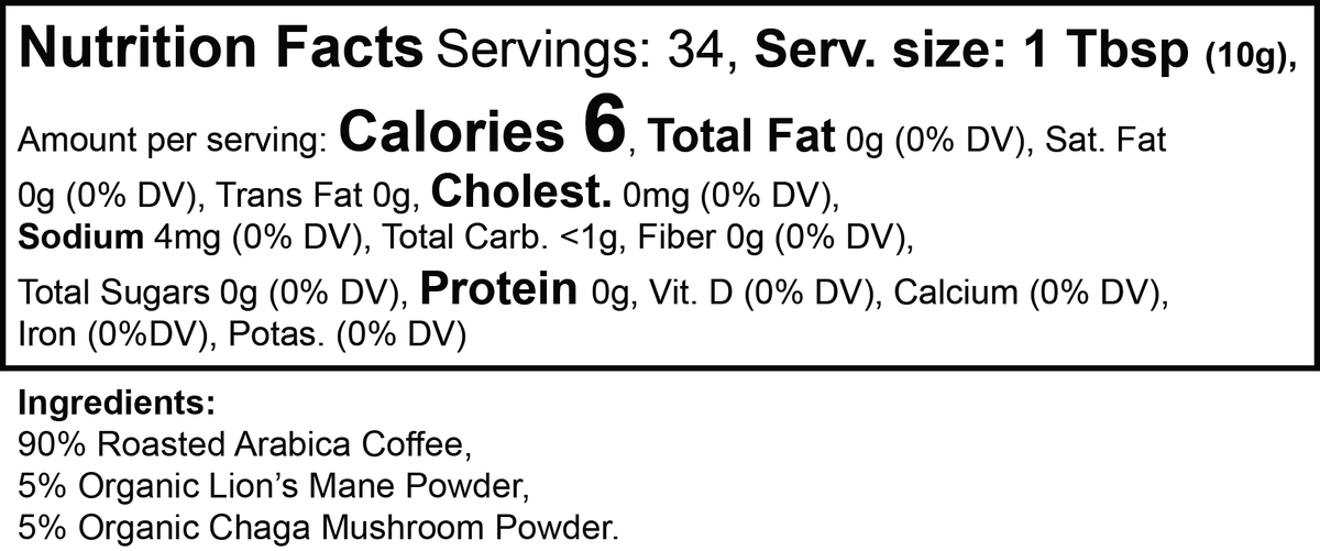 Vitality Mushroom Coffee ingredients and nutrition facts label